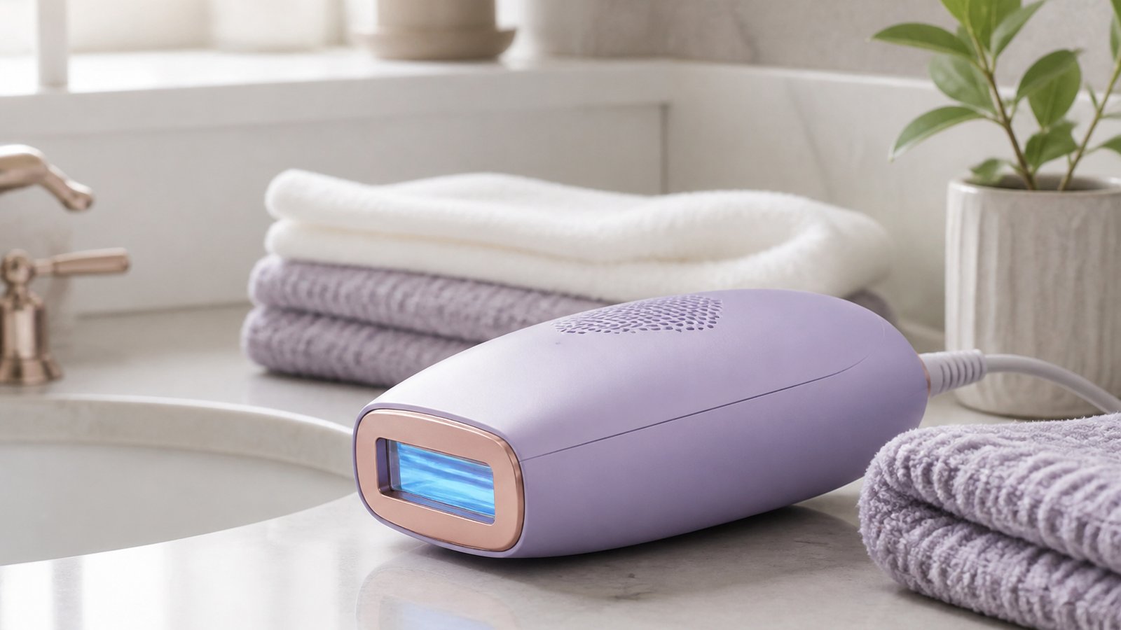 Lilac cooled home IPL handset on private marble bathroom vanity